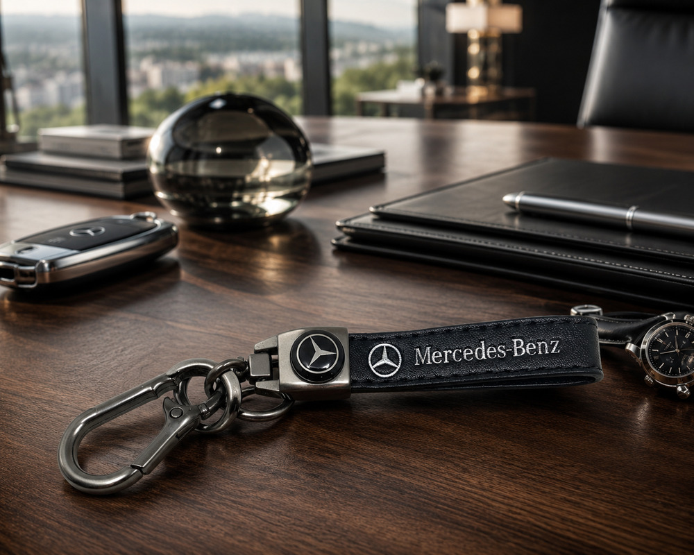 New Mercedes-Benz Leather Keychain Key Ring Fob Gunmetal Carabiner Clip Black